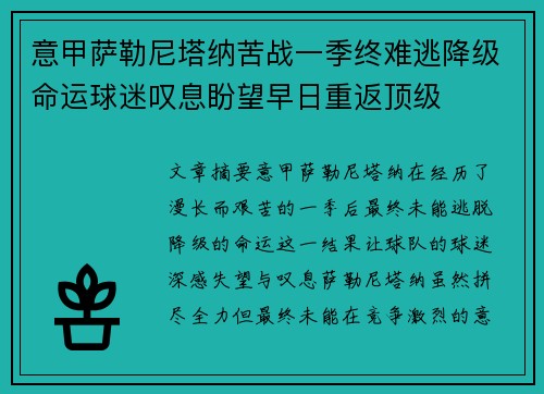 意甲萨勒尼塔纳苦战一季终难逃降级命运球迷叹息盼望早日重返顶级 意甲萨勒尼塔纳苦战一季终难逃降级命运球迷叹息盼望早日重返顶级